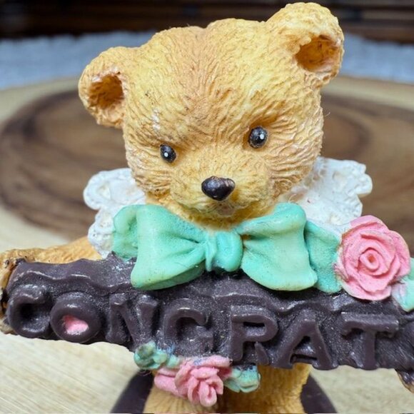 Vintage Painted Porcelain CONGRATS Bow and Rose Bear - Picture 2 of 7